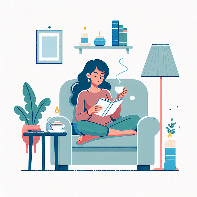 relaxed woman enjoying a rest day with a book and tea