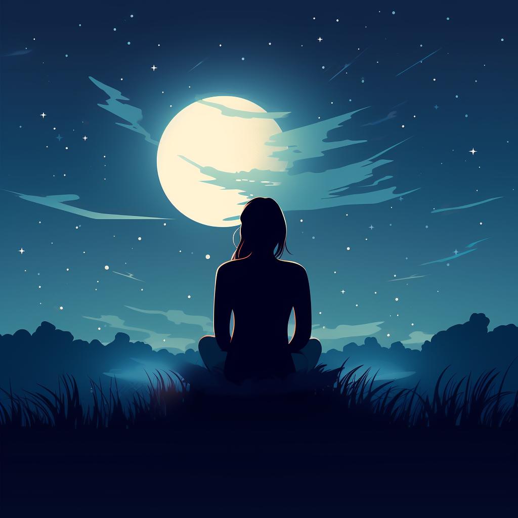 A woman sitting under the moonlight, meditating.