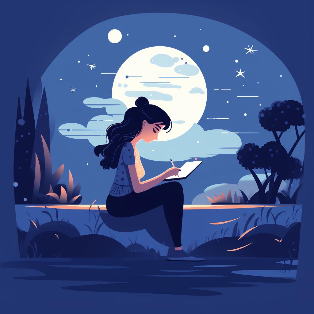 A woman writing in her journal under the moonlight.